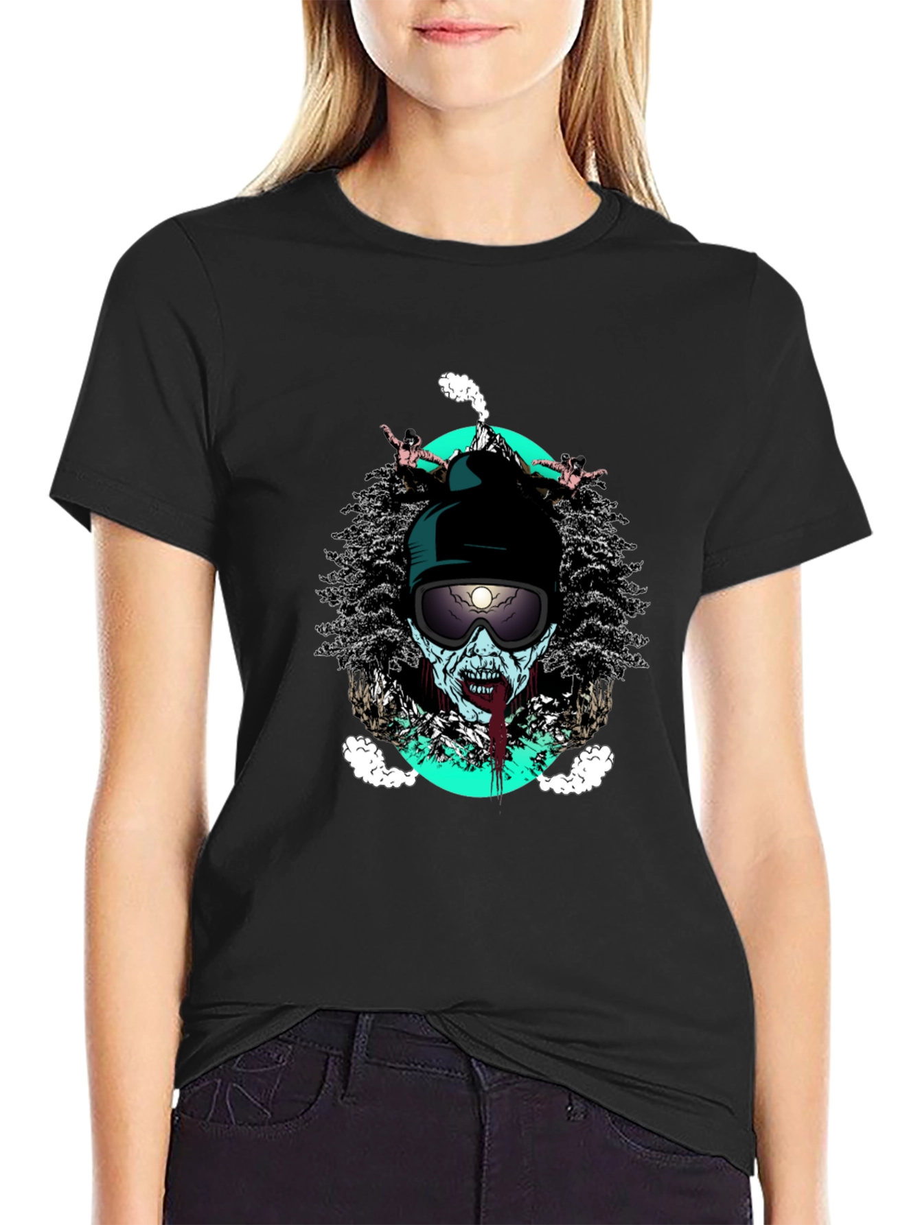 Black Zombie Skier Graphic Tee - Black Cotton T-Shirt view 2