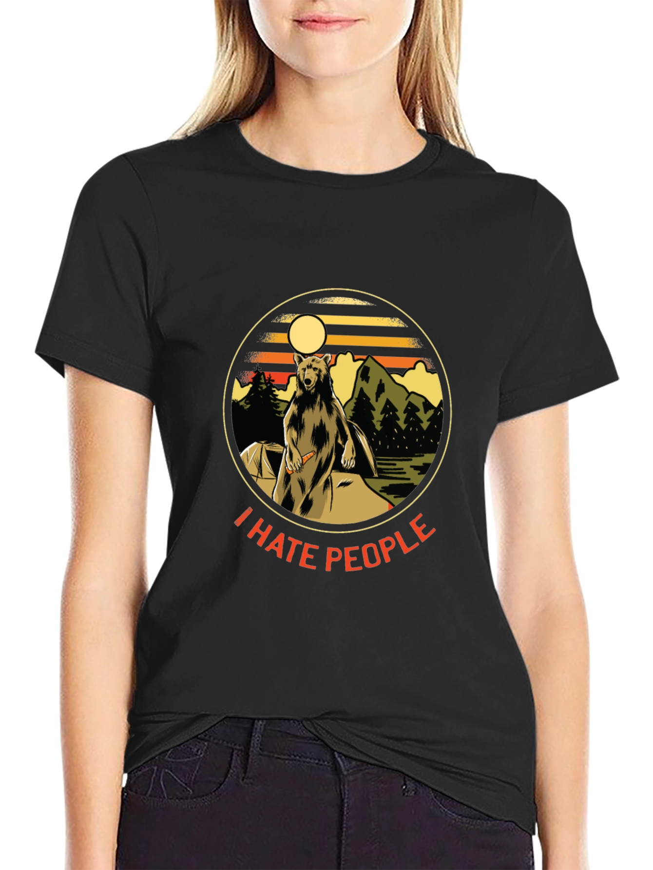 Black I Hate People Bear T-Shirt - Camping Nature Tee view 2