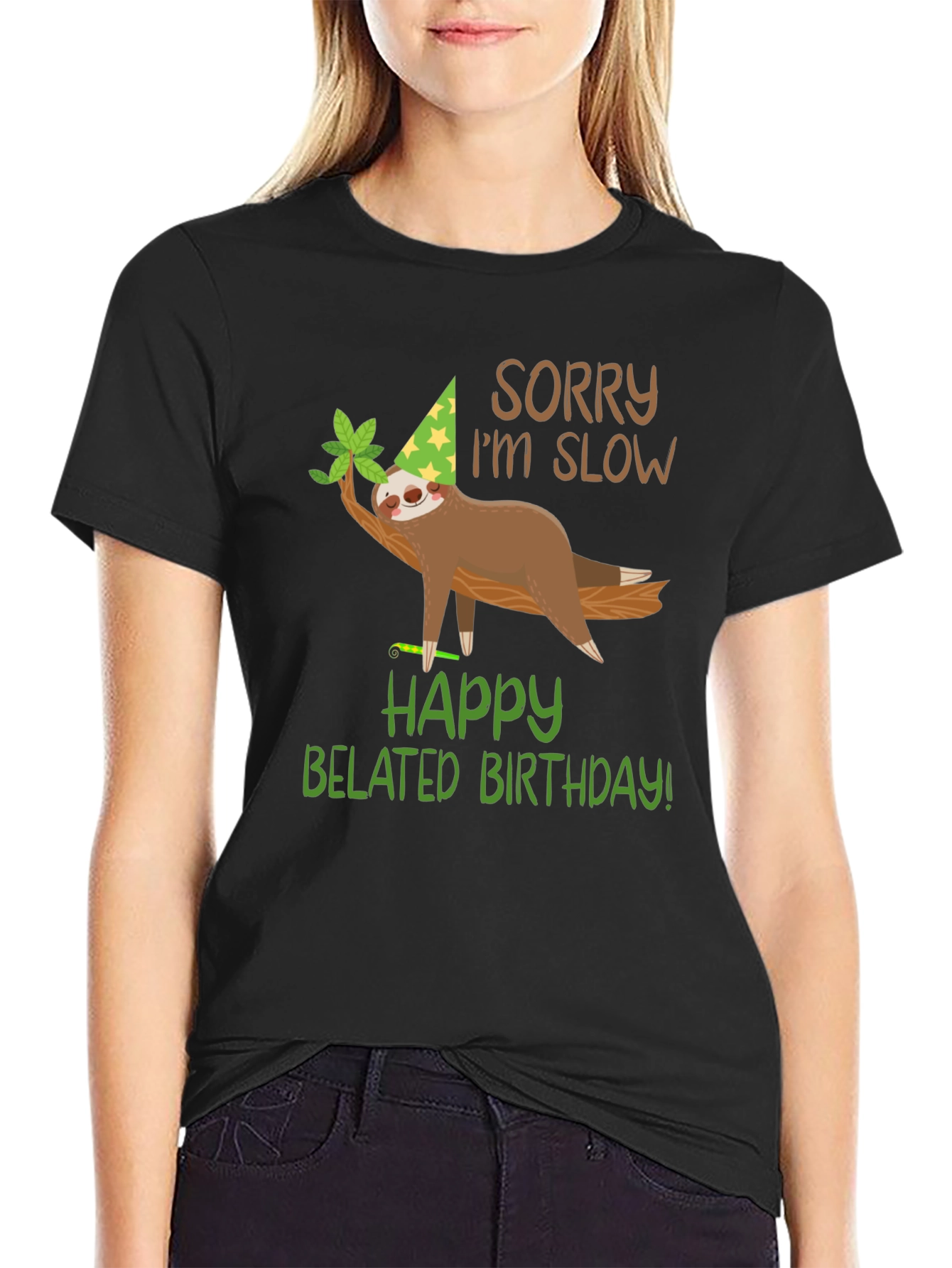 Black Funny Belated Birthday Sloth T-Shirt view 2