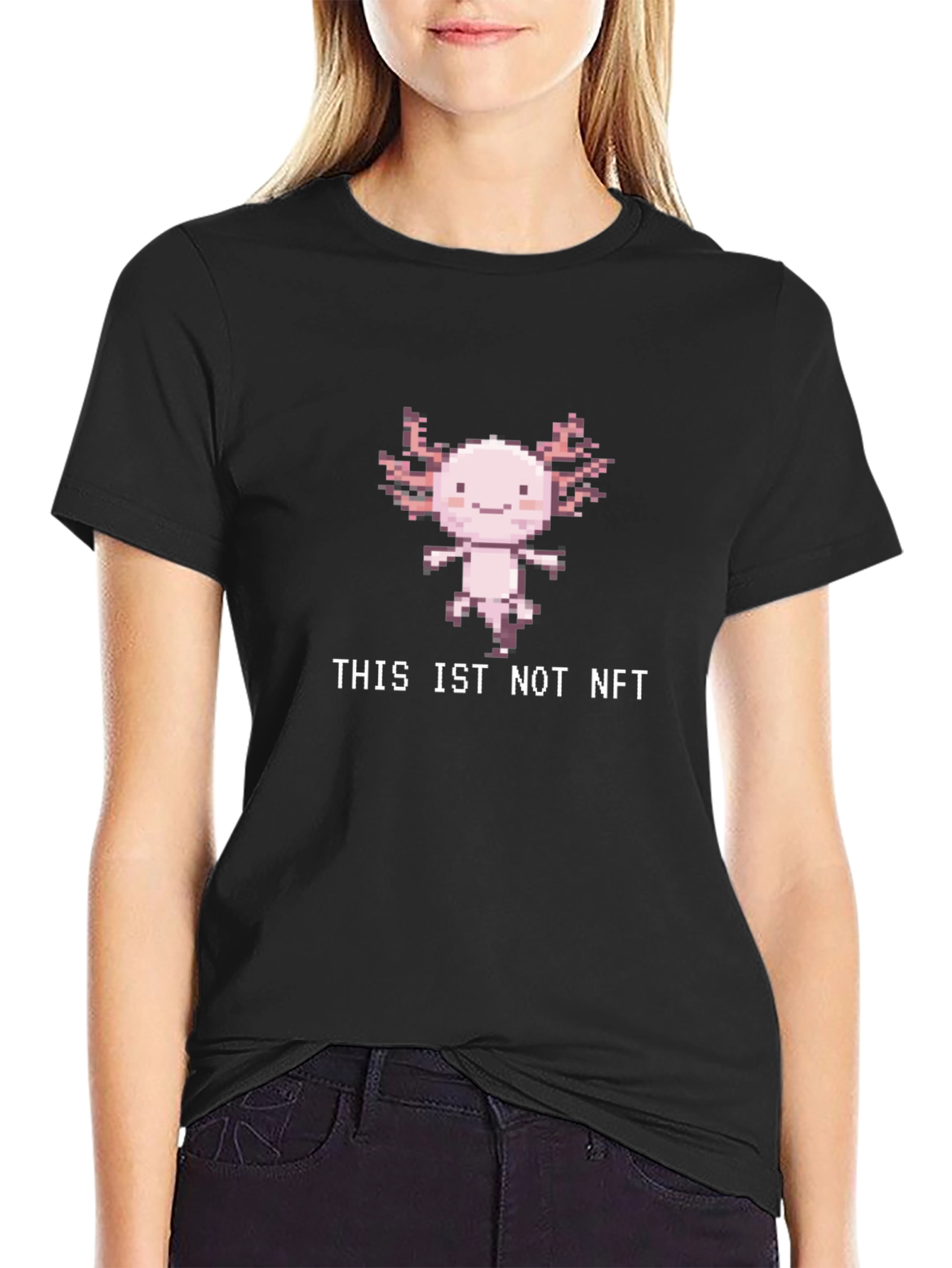 Black Axolotl Pixel Art T-Shirt - "This is Not NFT" Gamer Tee view 2