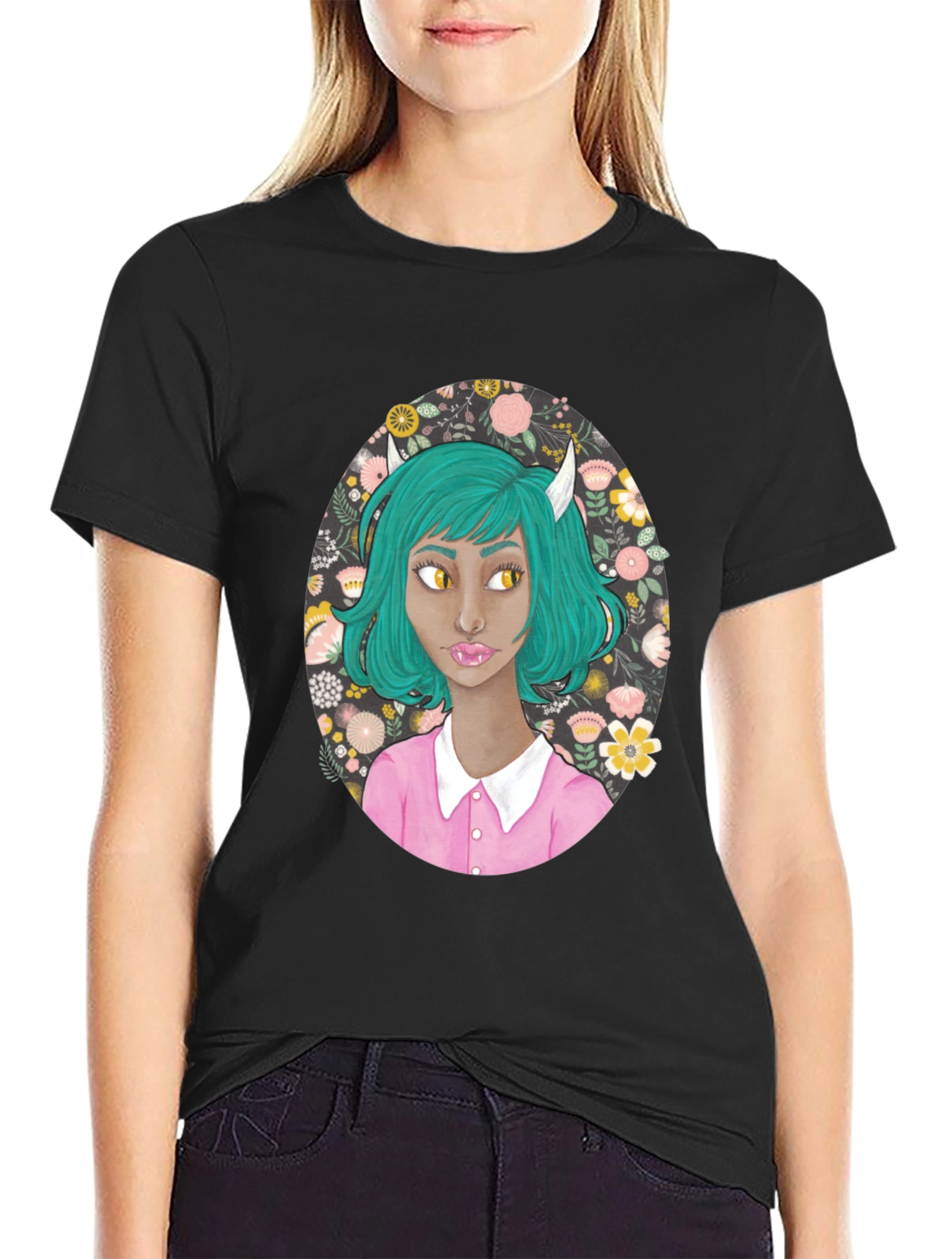 Black Floral Demon Girl Graphic T-Shirt view 2