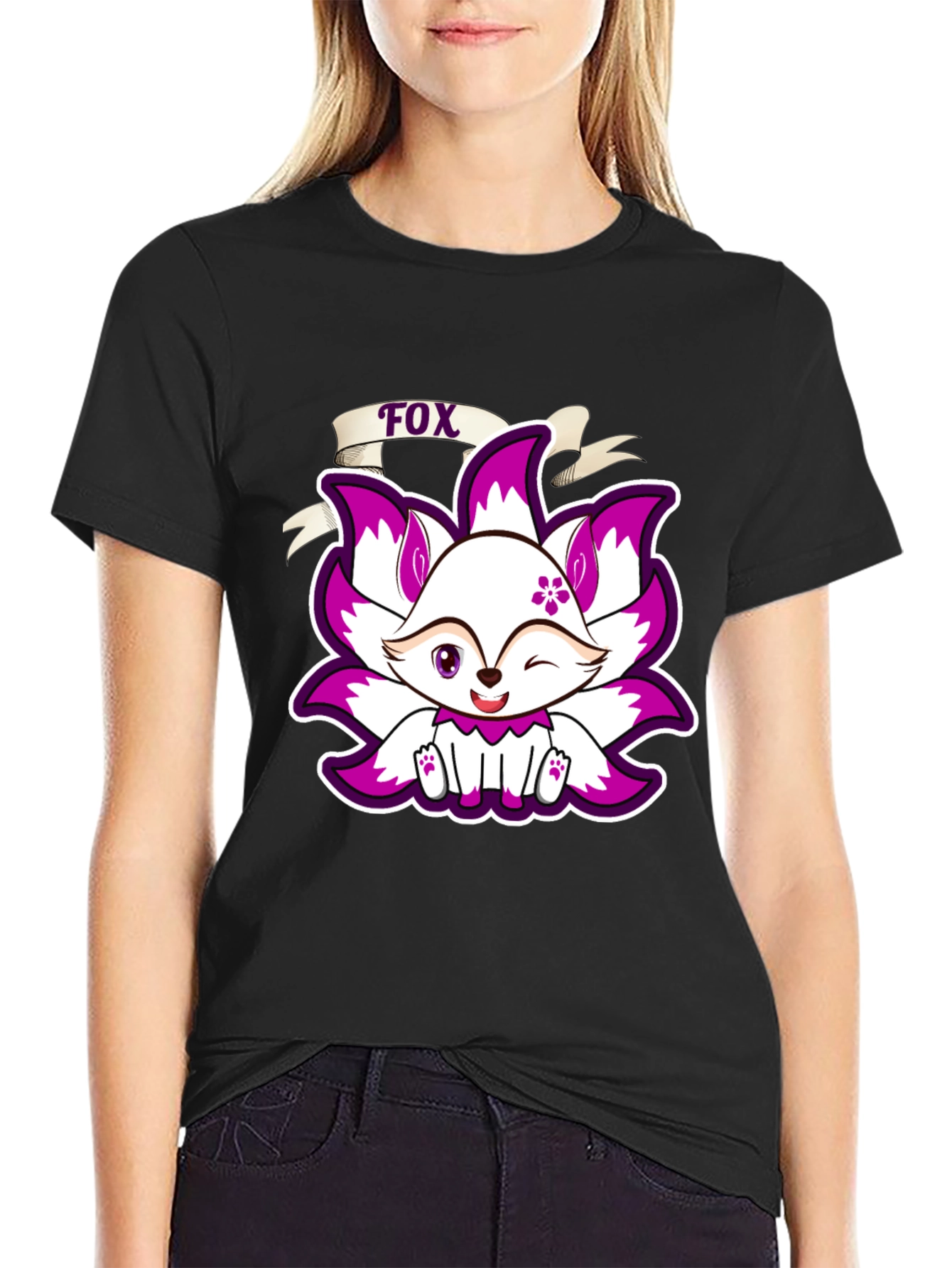 Black Cute Fox Graphic Print T-Shirt - Black view 2