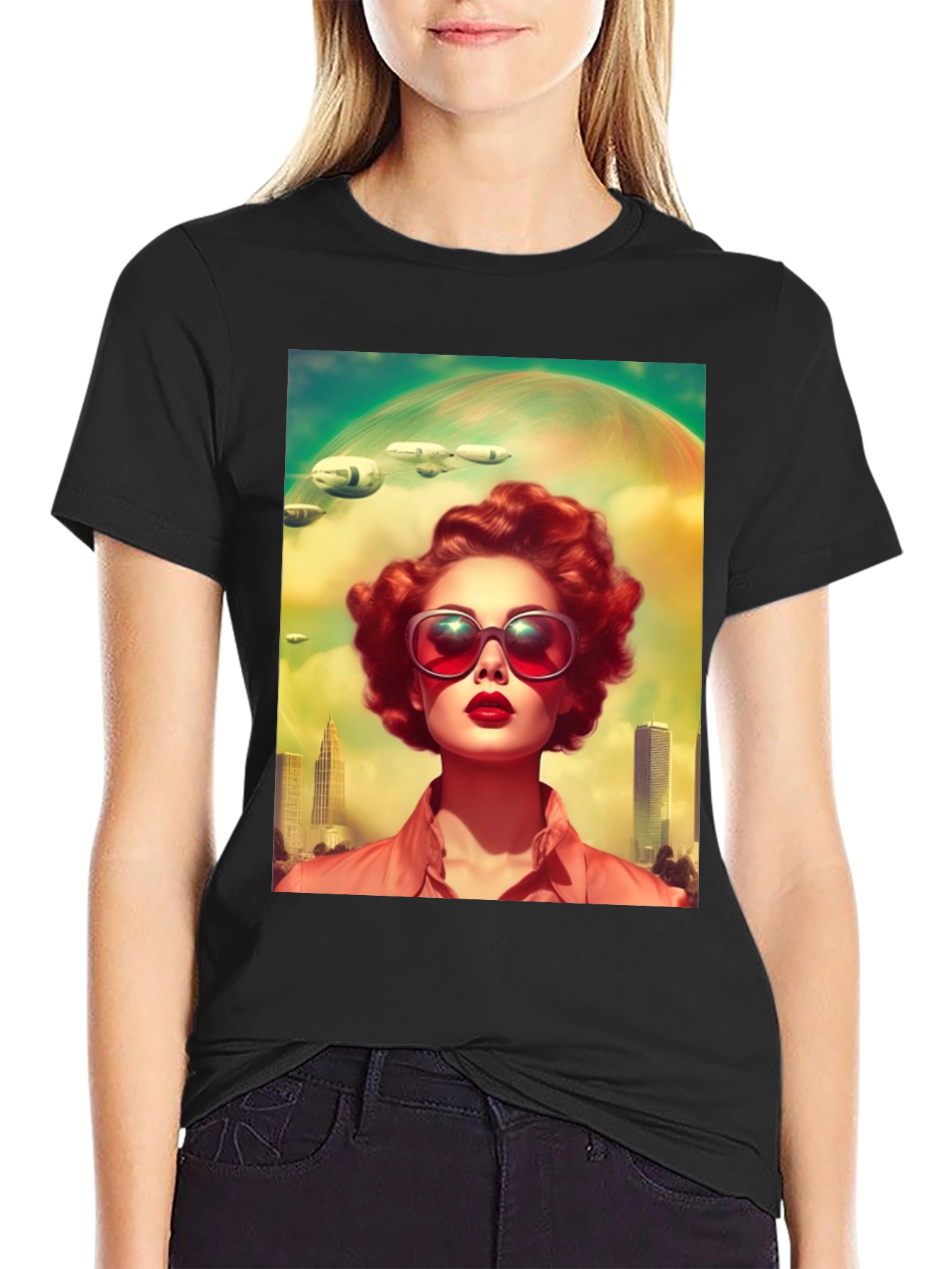 Black Retro Futuristic Woman T-Shirt view 2