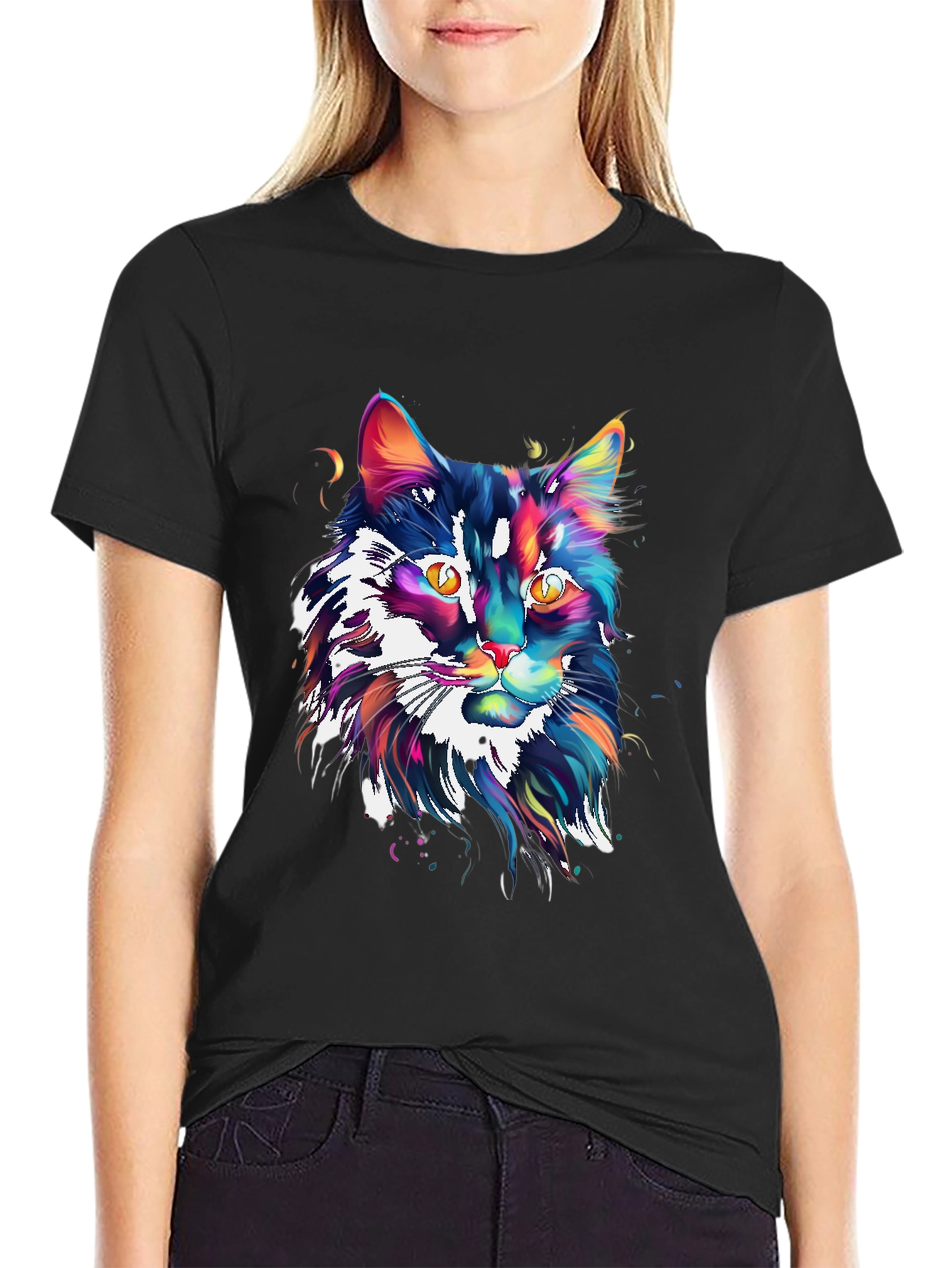 Black Colorful Cat Graphic Black T-Shirt view 2