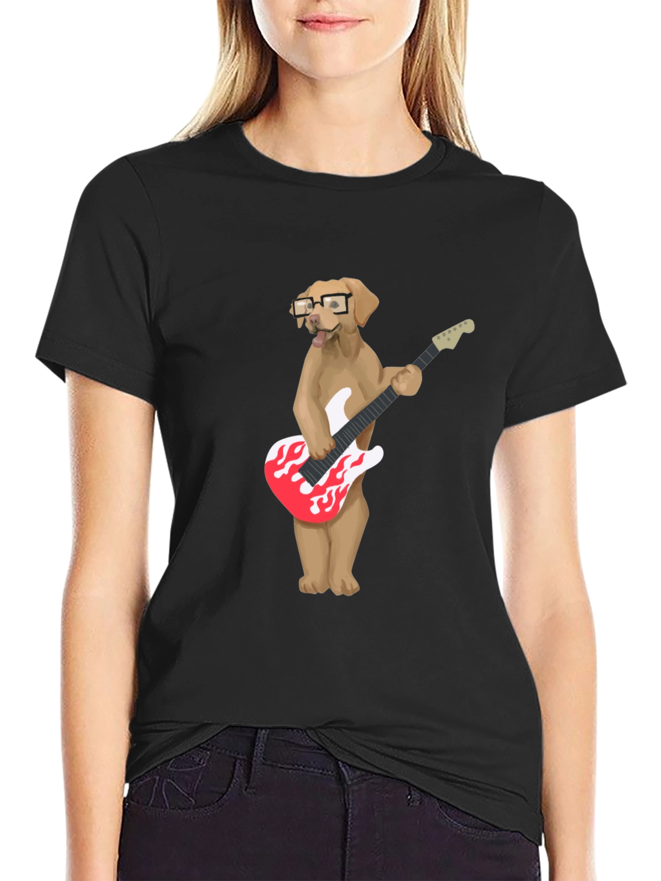 Black Cool Dog Guitar Player Graphic T-Shirt view 2