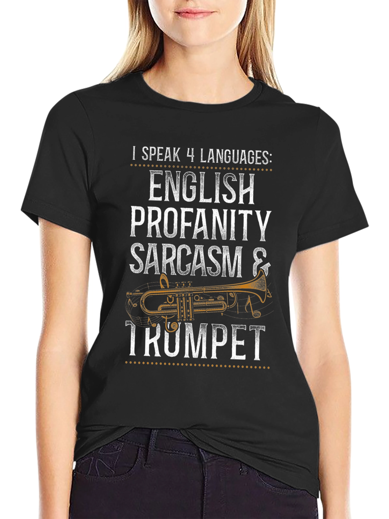 Black I Speak 4 Languages: Trumpet T-Shirt view 2