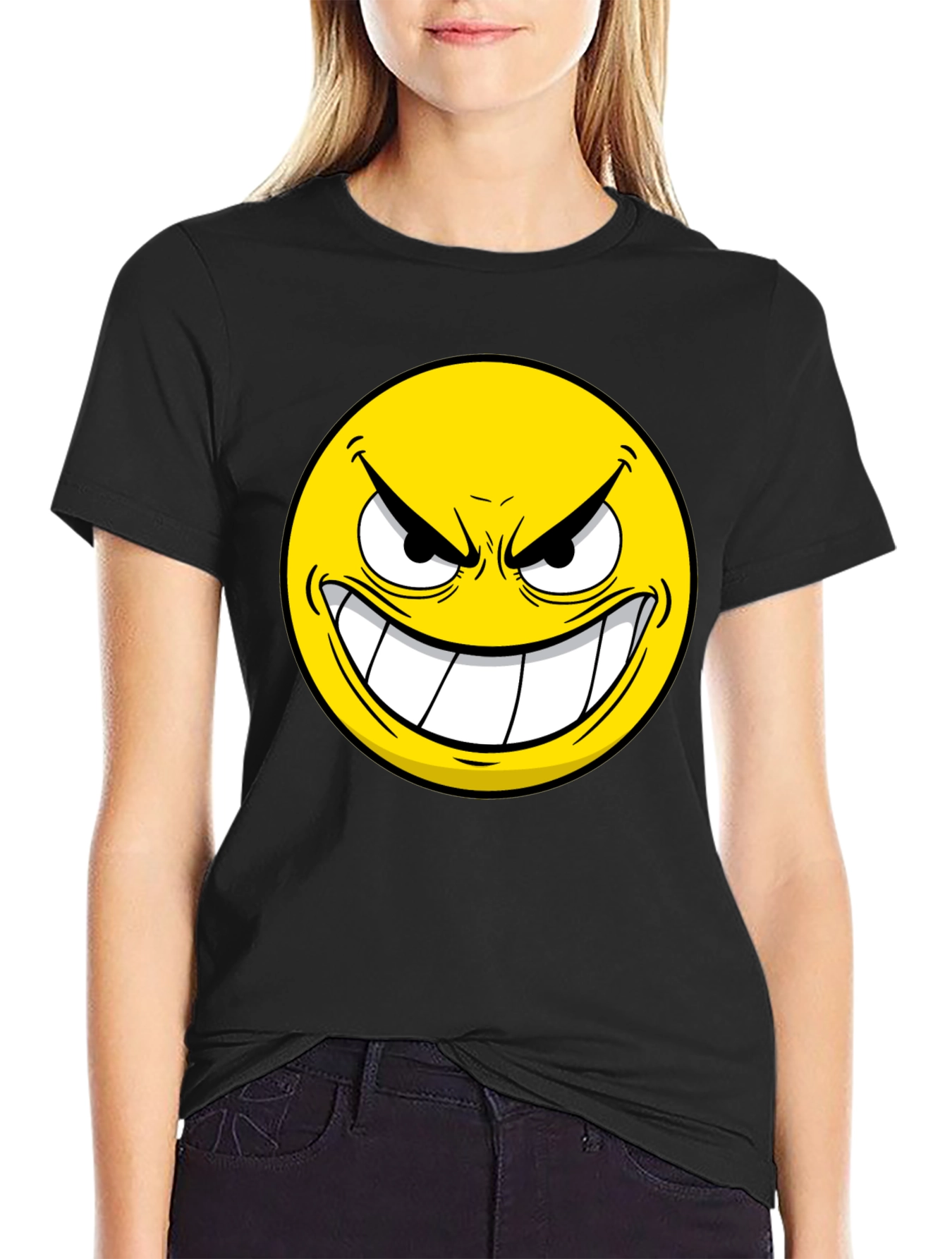 Black Evil Emoji Graphic Tee - Black Cotton T-Shirt view 2