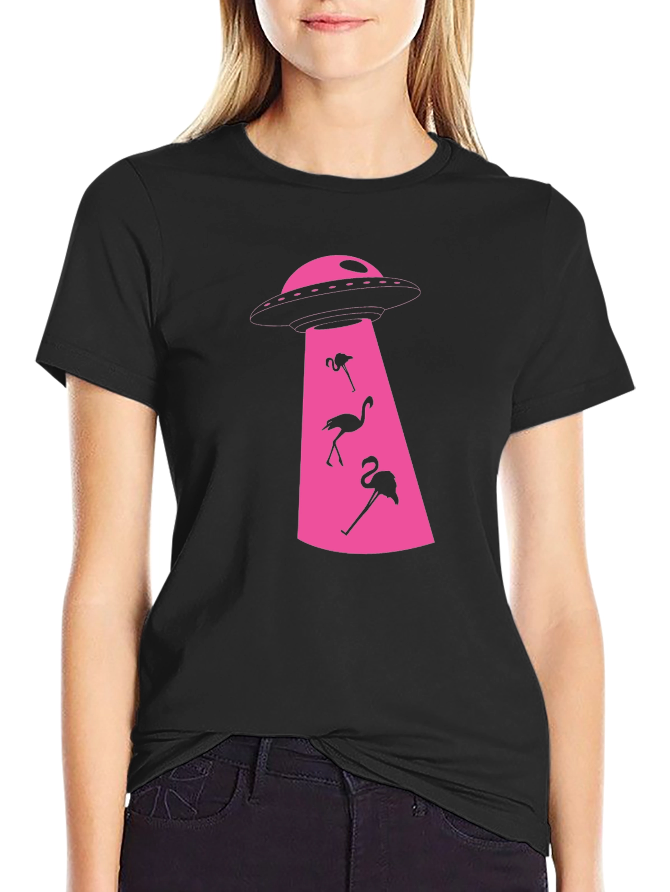 Black Flamingo Abduction T-Shirt: Fun & Unique Design view 2