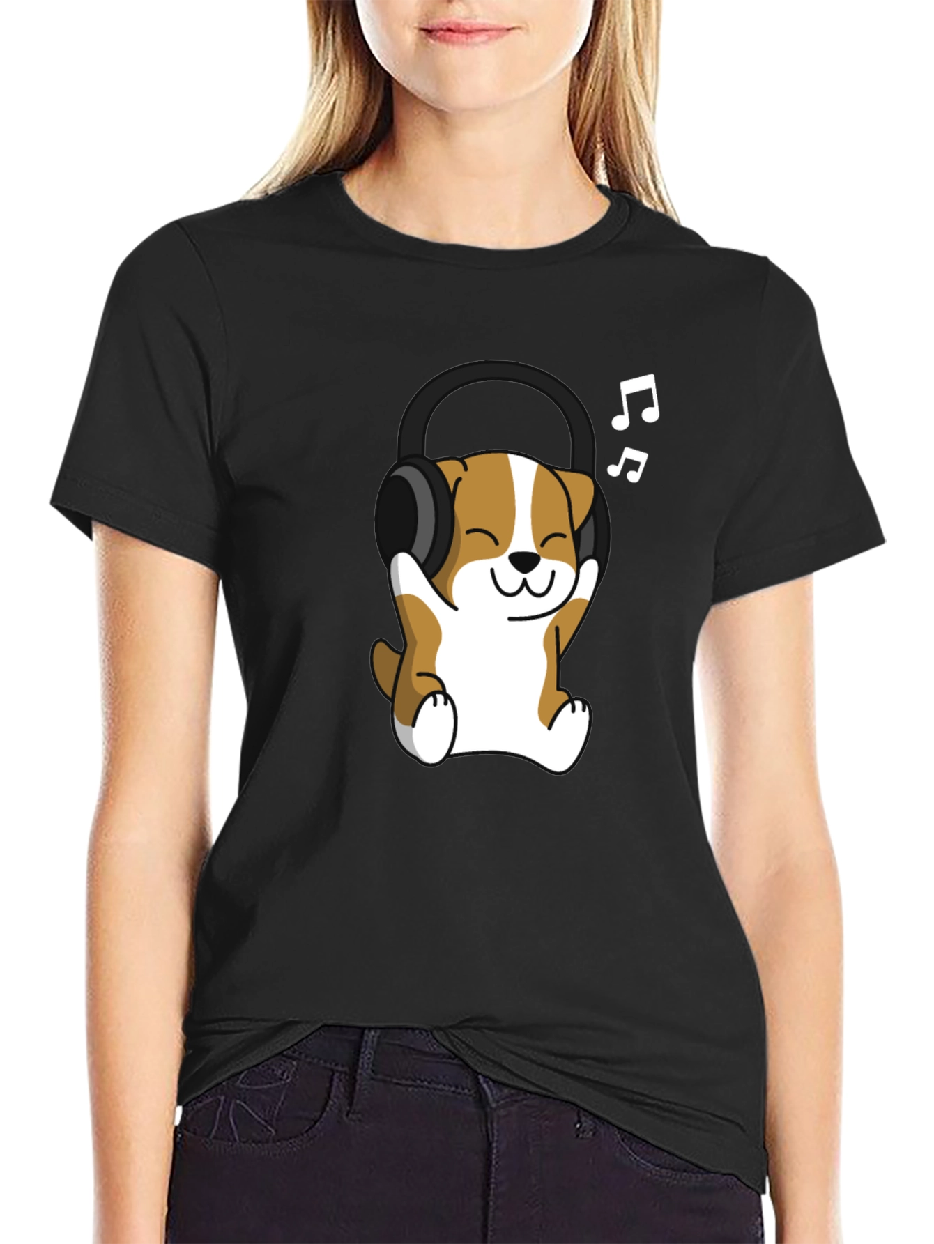Black Cute Dog with Headphones Black T-Shirt view 2