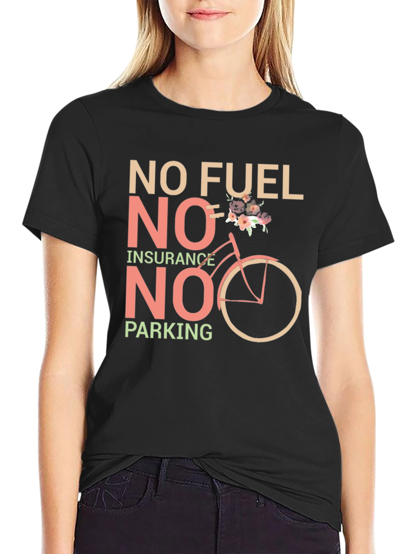 Black Eco-Friendly Biking Tee - No Fuel, Insurance, Parking view 2