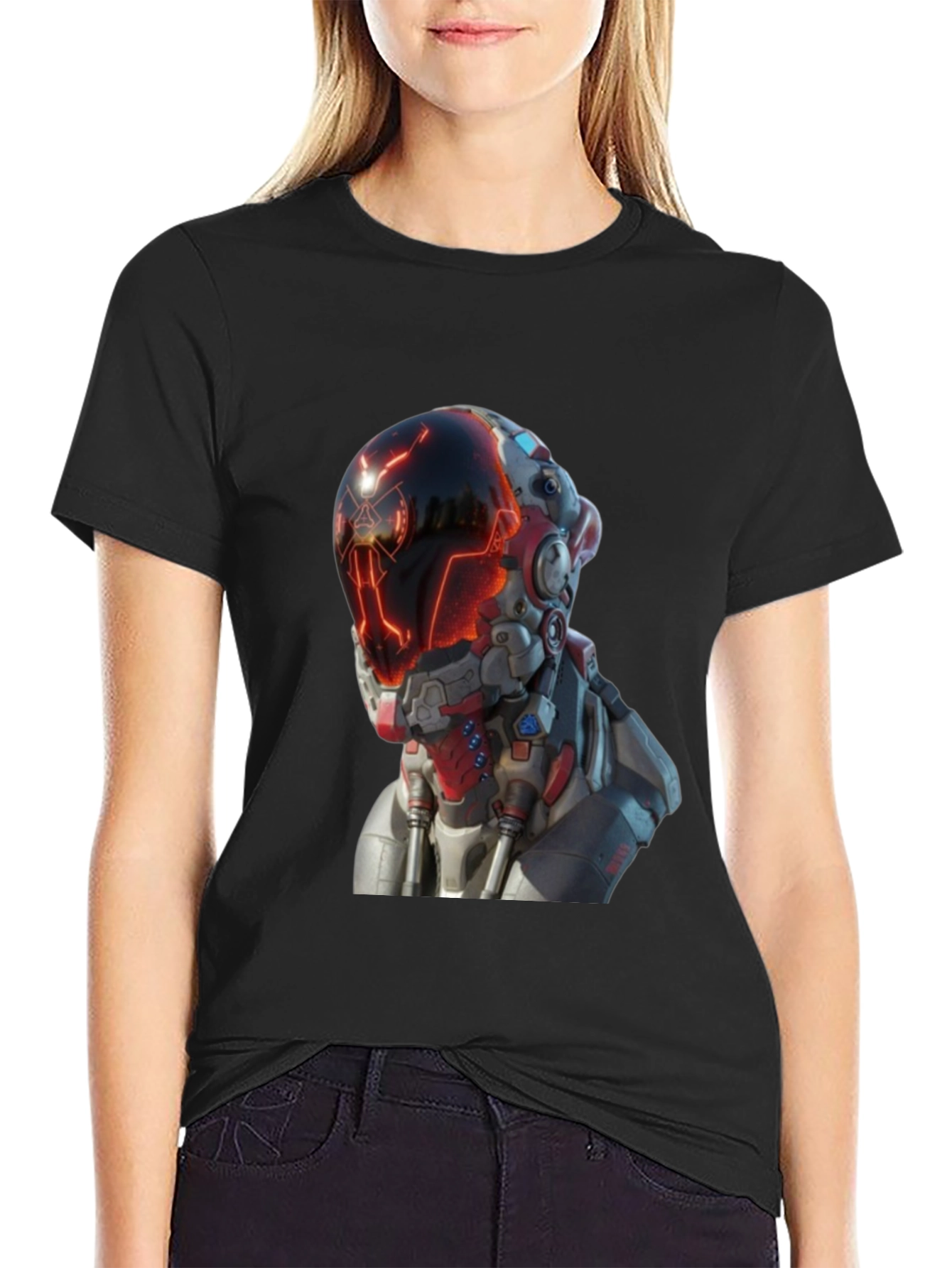 Black Sci-Fi Robot Head Graphic T-Shirt view 2