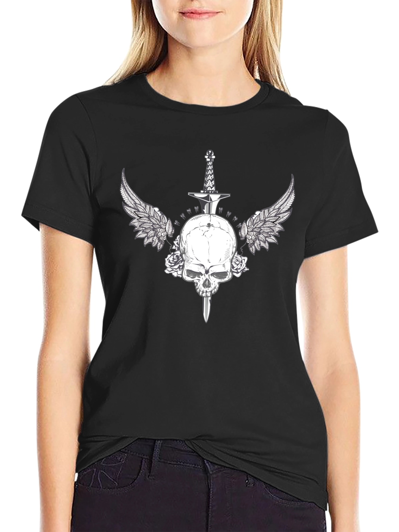 Black Skull Sword Wings Graphic Tee - Black Cotton Blend view 2