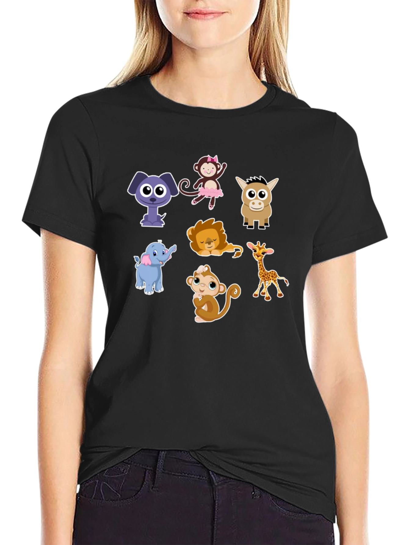 Black Cute Cartoon Animals Graphic Tee view 2