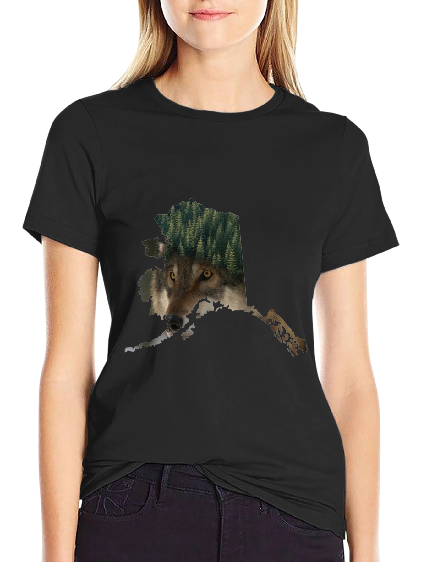 Black Alaska Wolf Nature Graphic Tee - Black Cotton Blend view 2