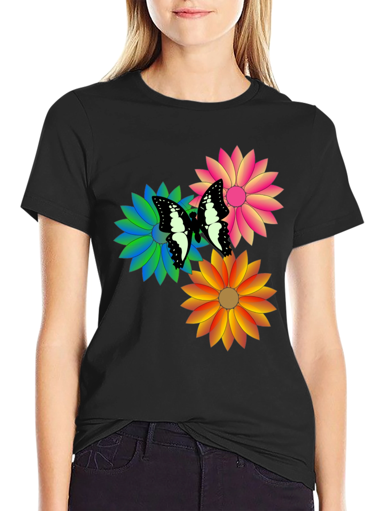 Black Butterfly & Flowers Graphic Print Black T-Shirt view 2