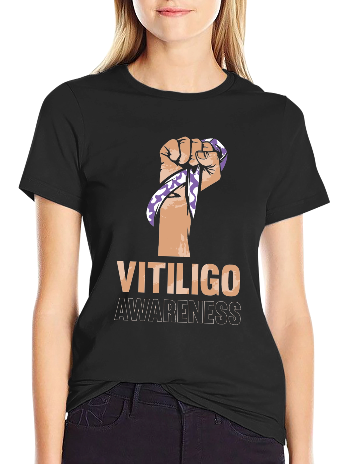 Black Vitiligo Awareness Ribbon Fist Black T-Shirt view 2
