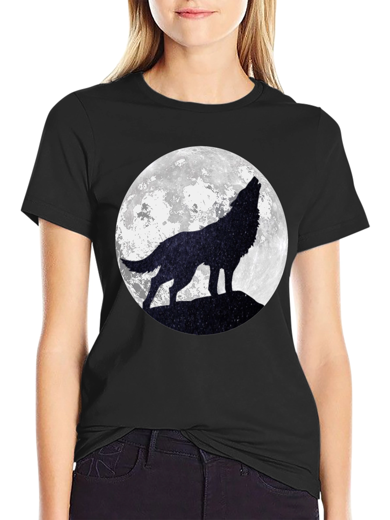 Black Wolf Moon Graphic Tee - Black Cotton T-Shirt view 2
