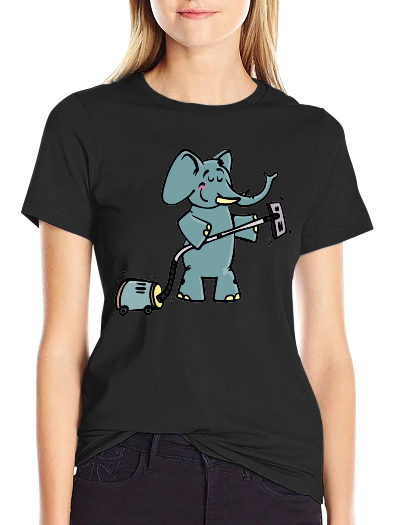 Black Elephant Vacuuming T-Shirt - Cute Cartoon Graphic Tee view 2
