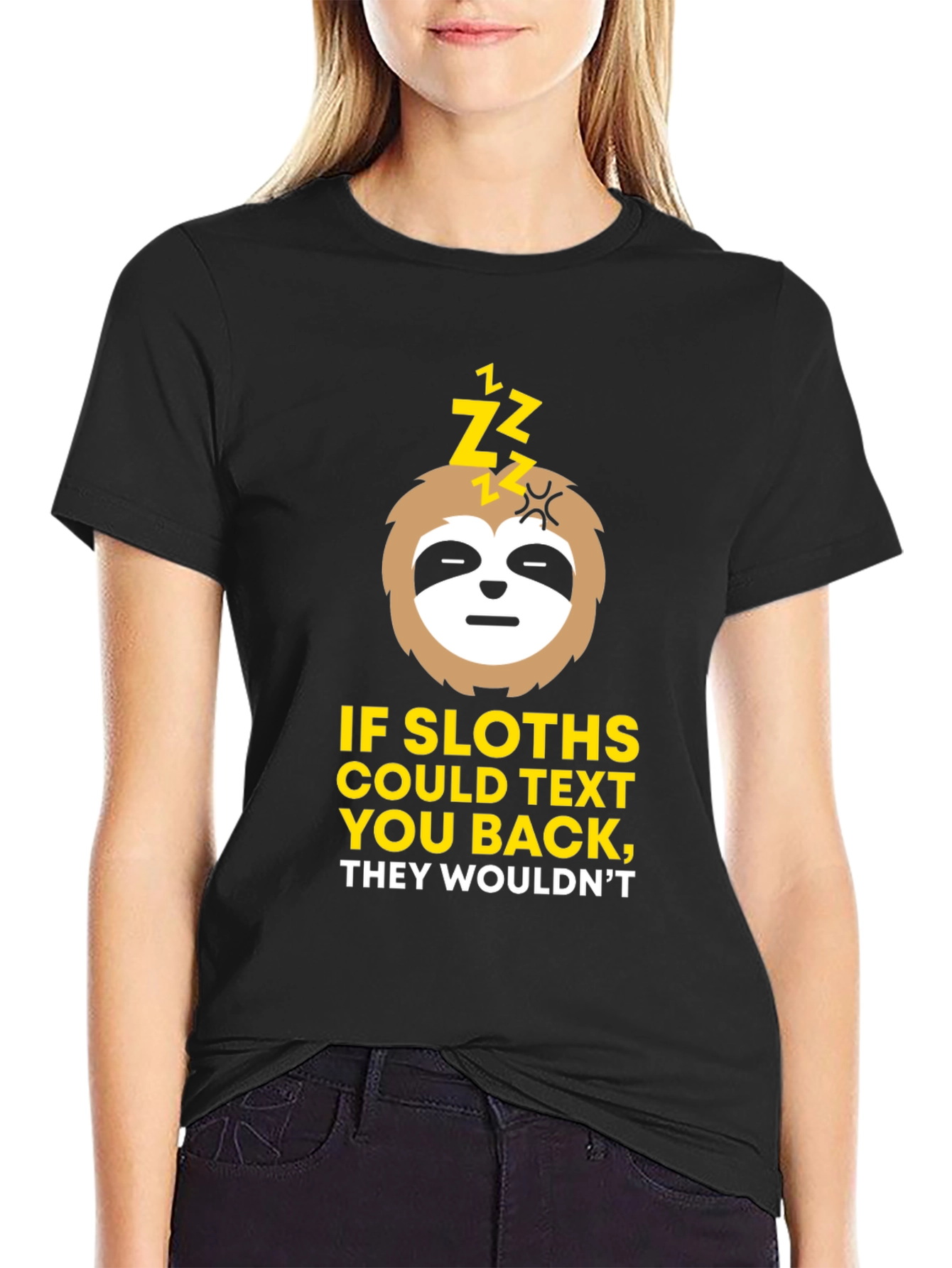 Black Funny Sloth Texting T-Shirt view 2