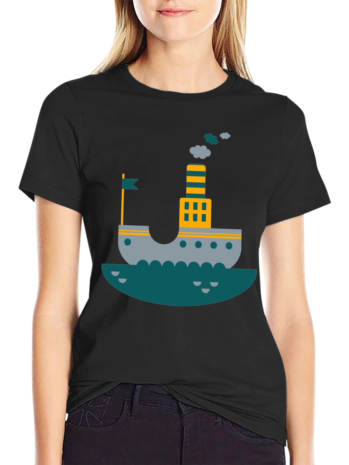 Black Nautical Ship Graphic T-Shirt | Trendy Steamboat Tee view 2