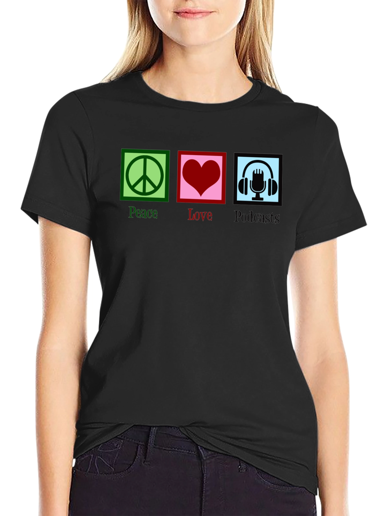 Black Peace Love Podcasts T-Shirt - Black Graphic Tee view 2