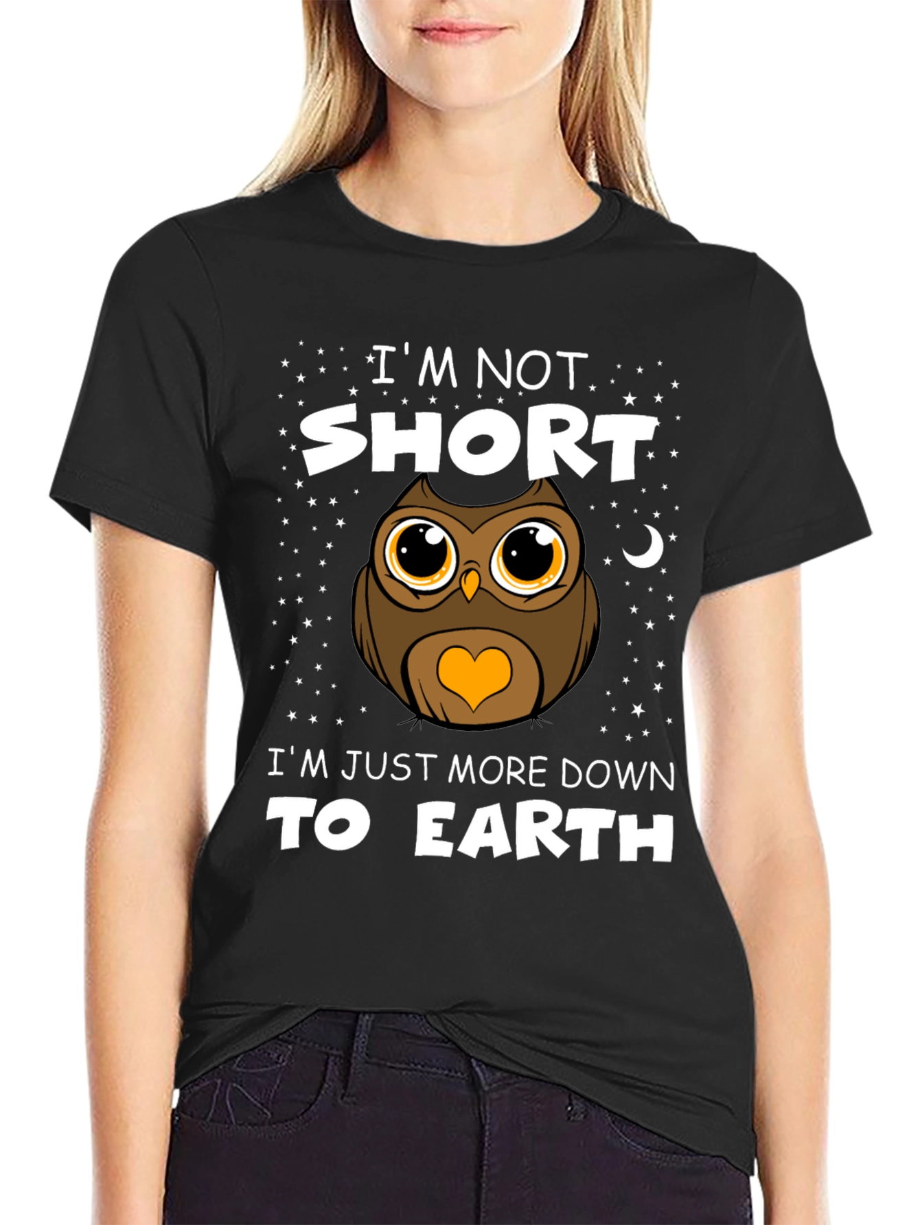 Black Funny Owl Graphic T-Shirt: I'm Not Short view 2