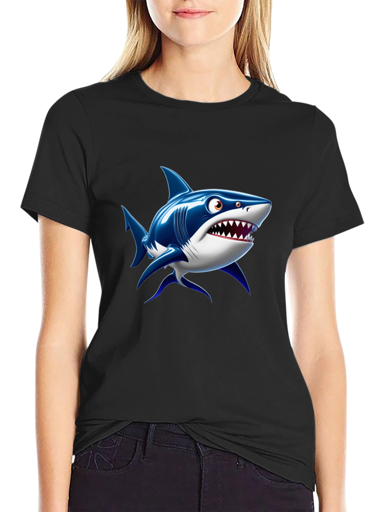 Black Shark Cartoon Graphic Black T-Shirt view 2