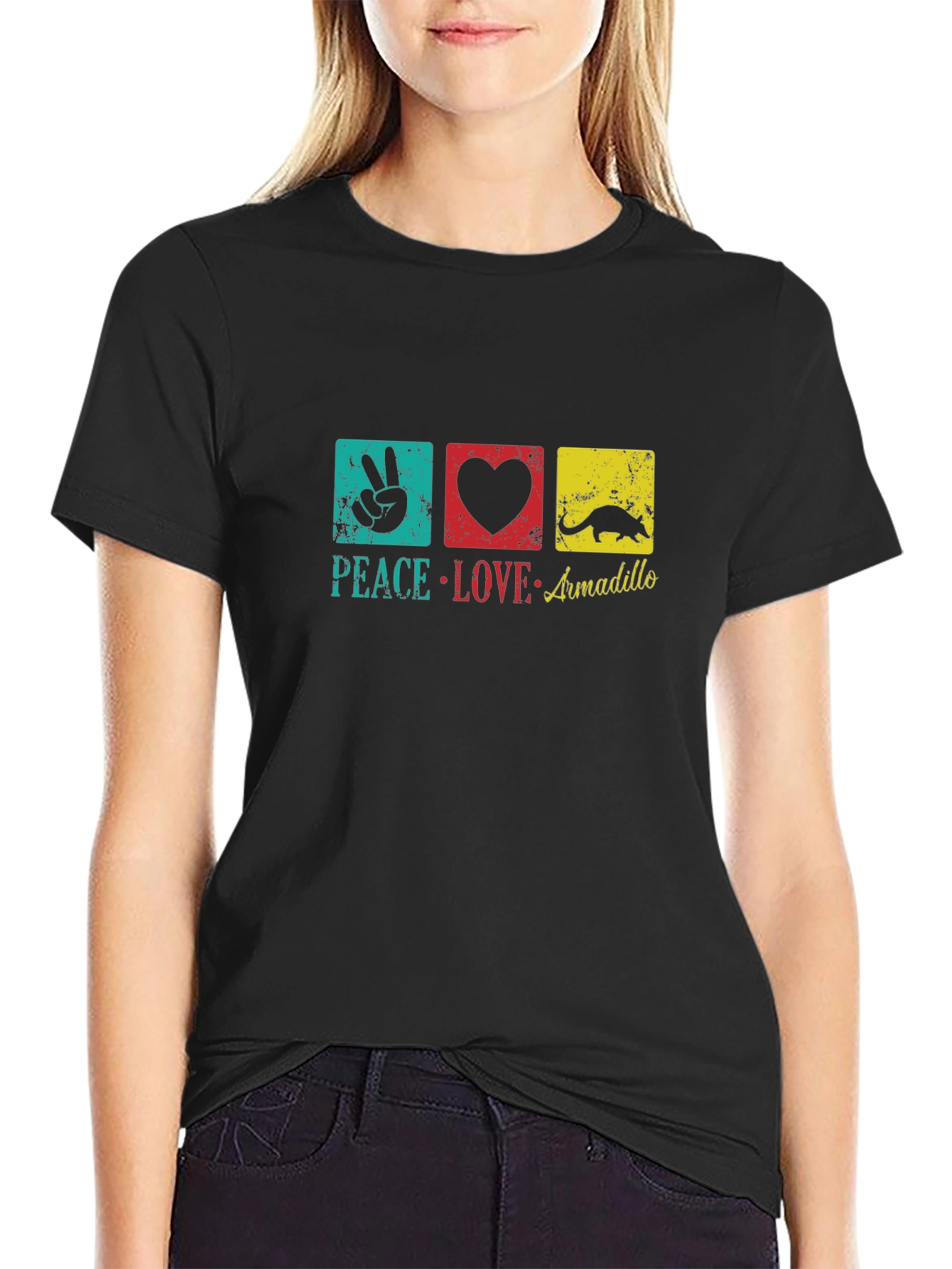 Black Peace Love Armadillo Graphic T-Shirt view 2