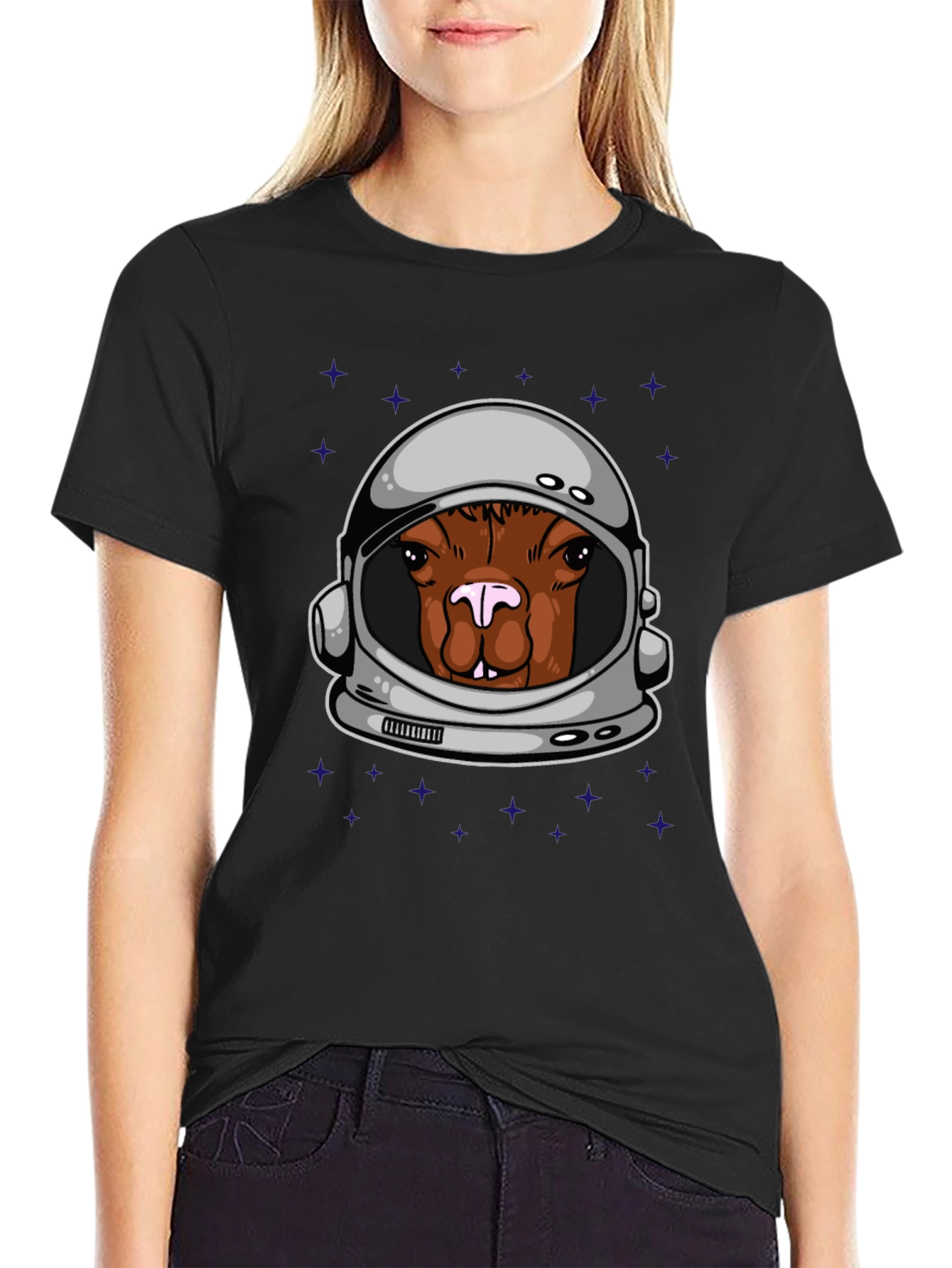 Black Astronaut Llama Graphic Tee - Space Animal Shirt view 2