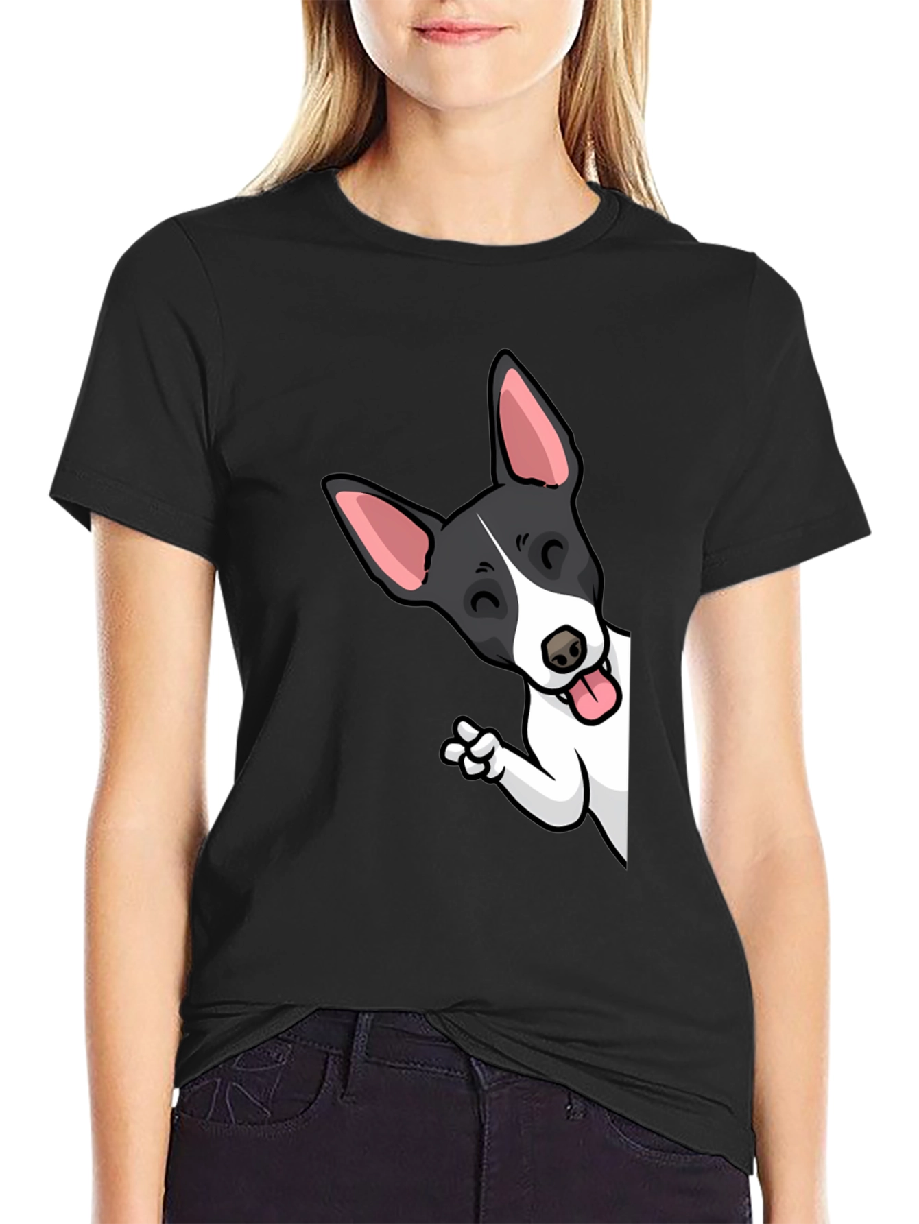 Black Cartoon Dog Peek-a-Boo Graphic Tee - Unisex Black T-Shirt view 2