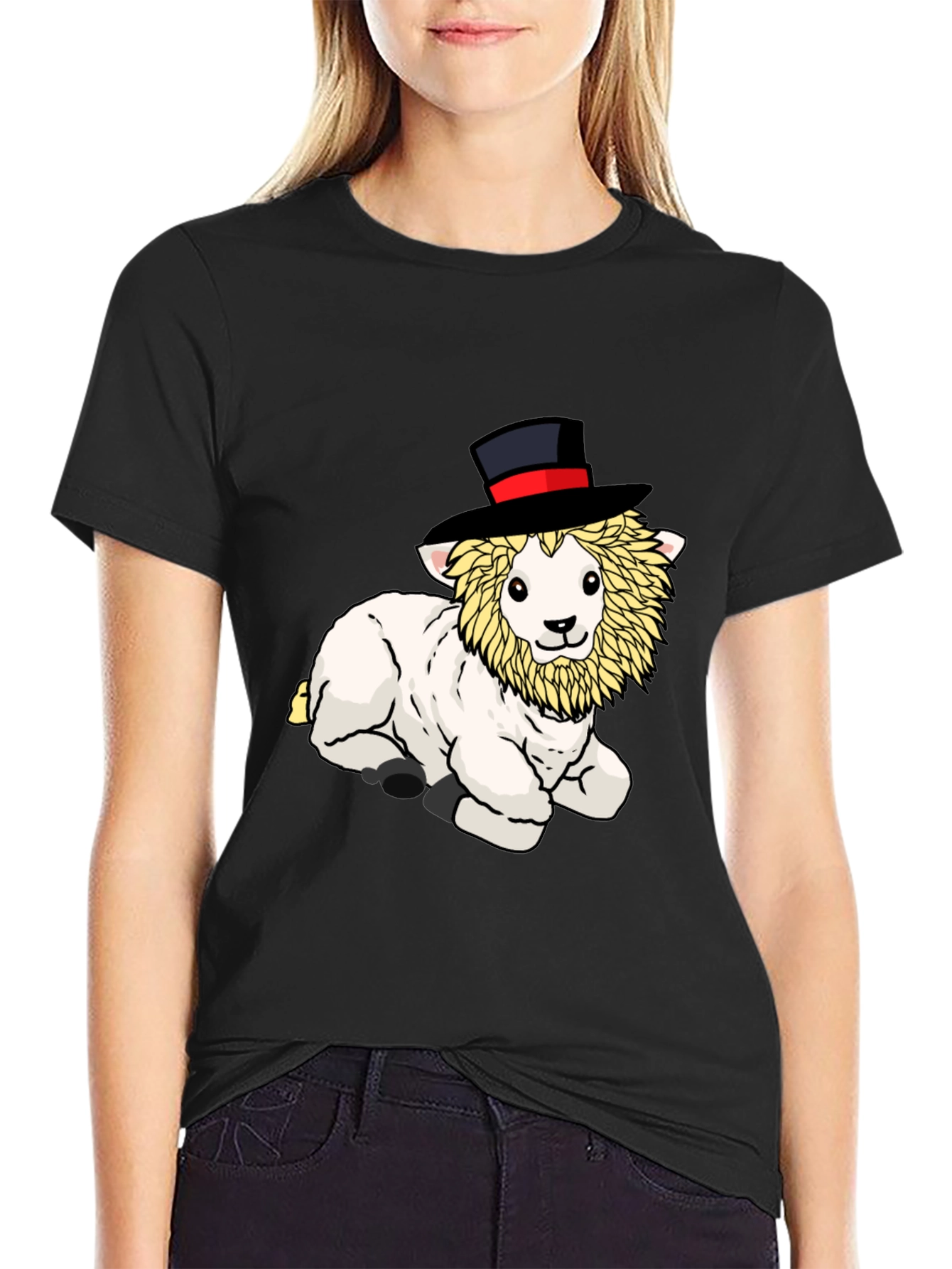 Black Whimsical Lamb Top Hat Graphic Tee - Black Cotton Shirt view 2