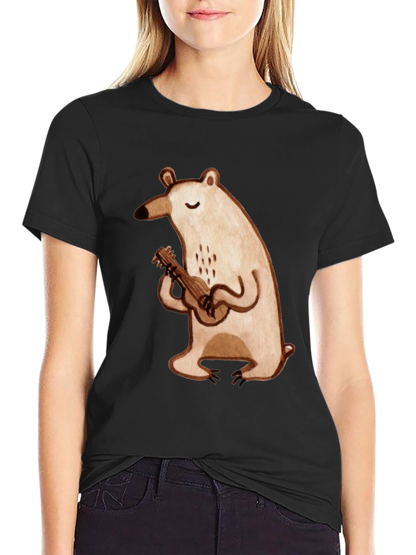 Black Bear Ukulele Graphic Tee - Soft Cotton Black T-Shirt view 2