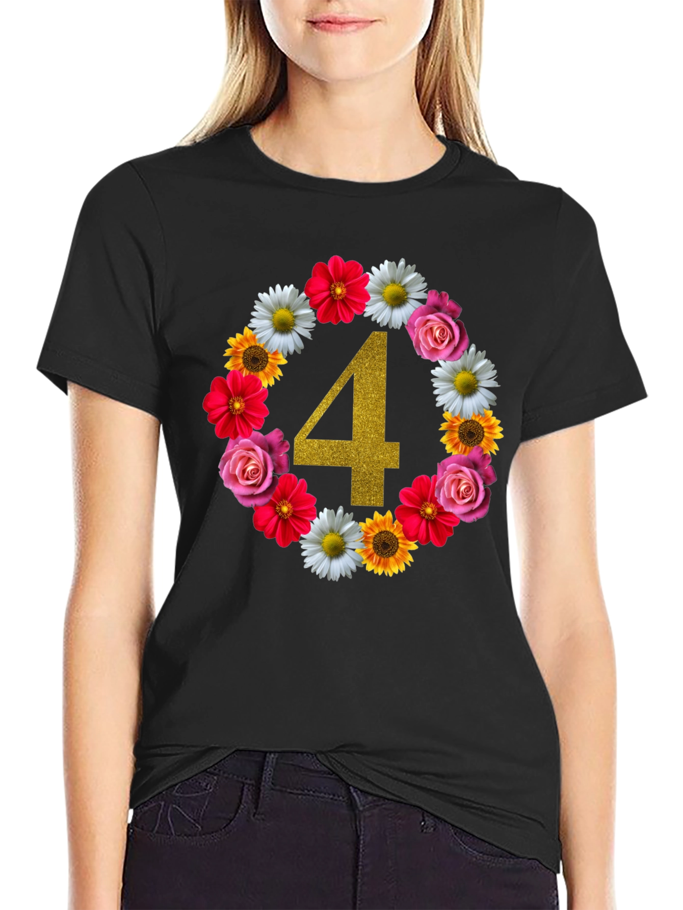 Black Floral Number 4 Birthday T-Shirt view 2
