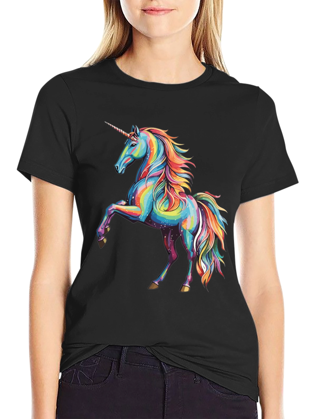 Black Rainbow Unicorn Graphic Print Crew Neck T-Shirt view 2