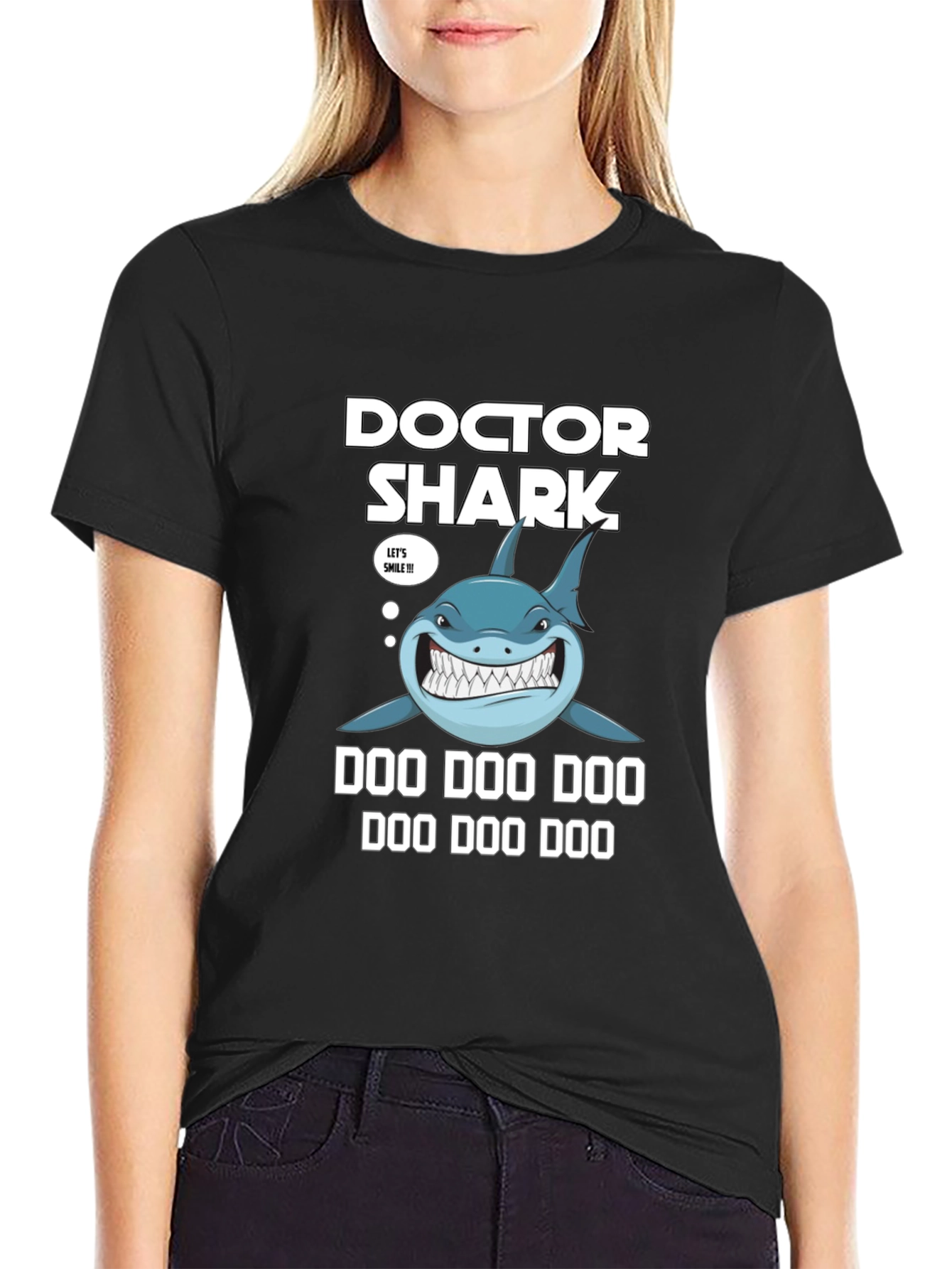 Black Doctor Shark T-Shirt - Doo Doo Doo Funny Tee view 2