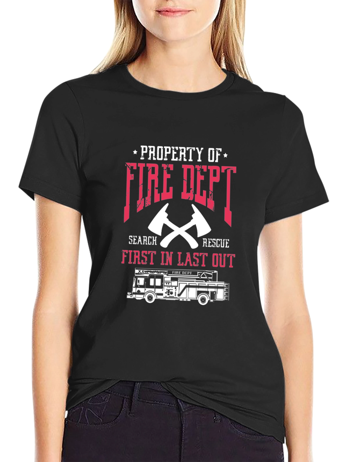 Black Fire Dept. T-Shirt: First In Last Out Firefighter Tee view 2