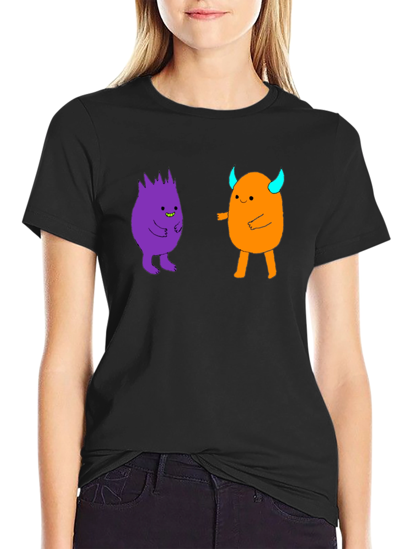 Black Fun Cartoon Monster Graphic Black T-Shirt view 2