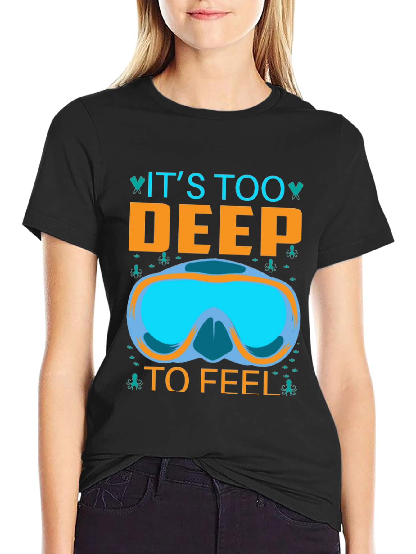Black It's Too Deep To Feel T-Shirt - Diving Mask Graphic Tee view 2