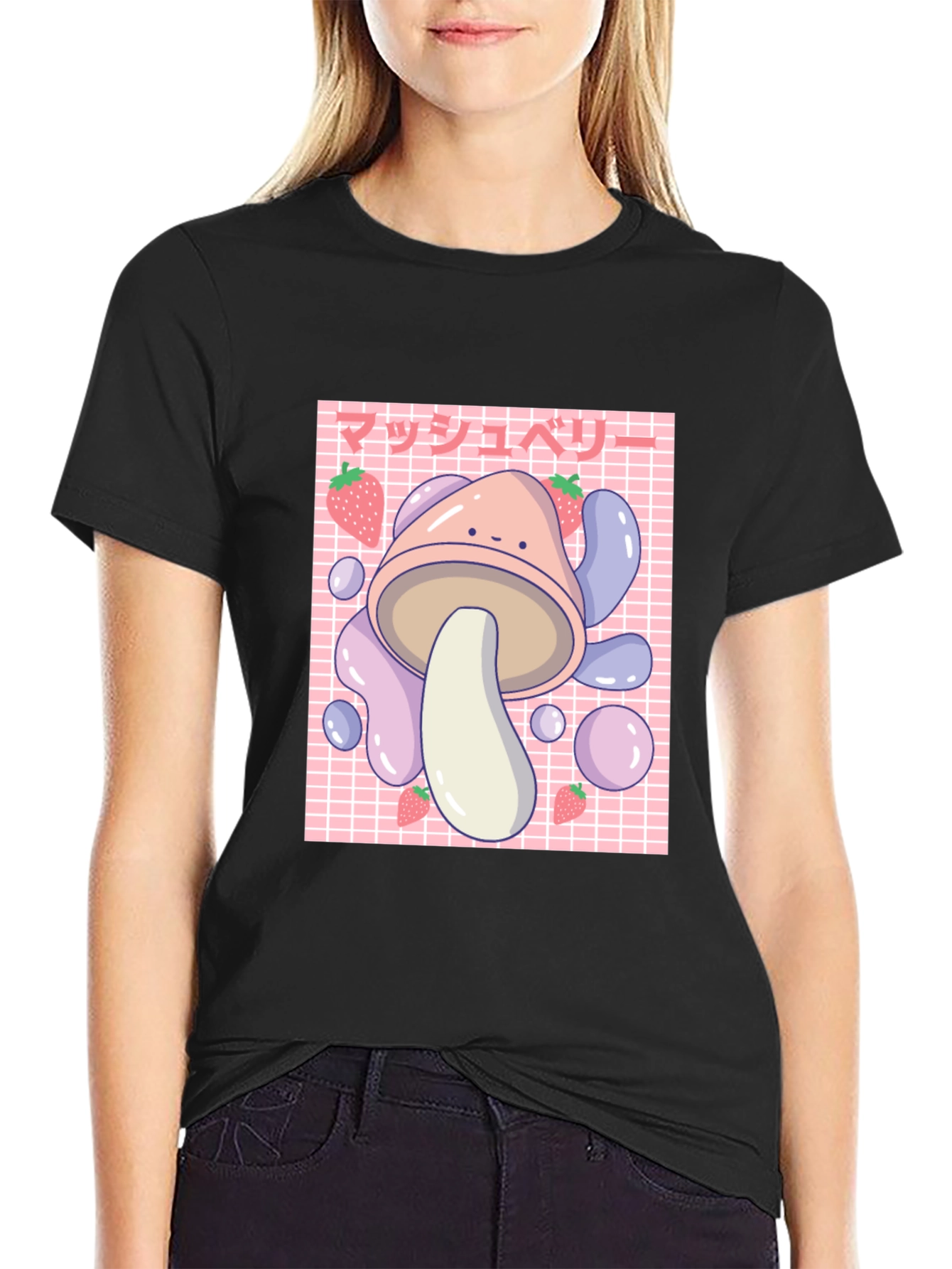 Black Cute Mushroom & Strawberry Graphic T-Shirt view 2