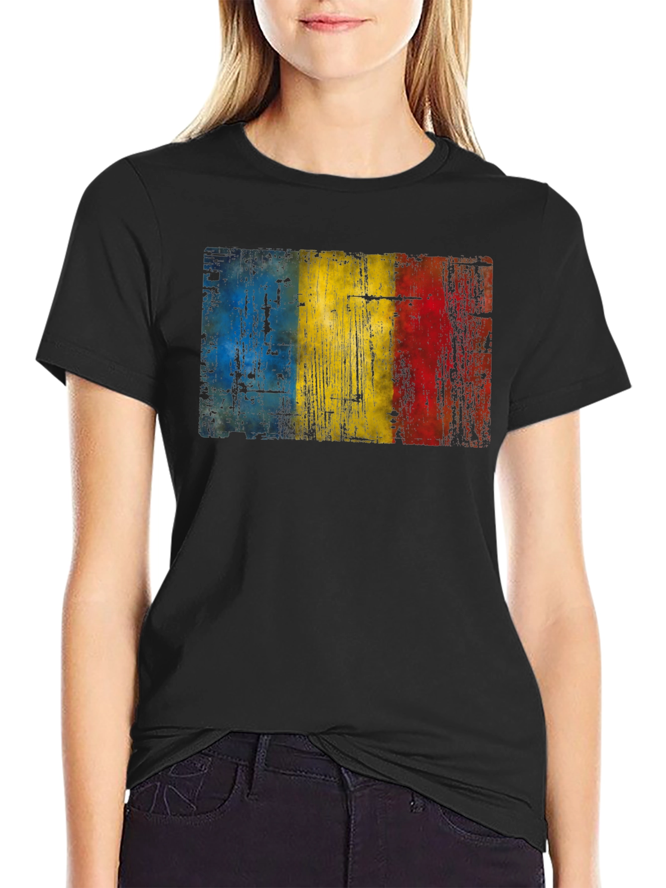 Black Romania Flag Distressed Black T-Shirt view 2