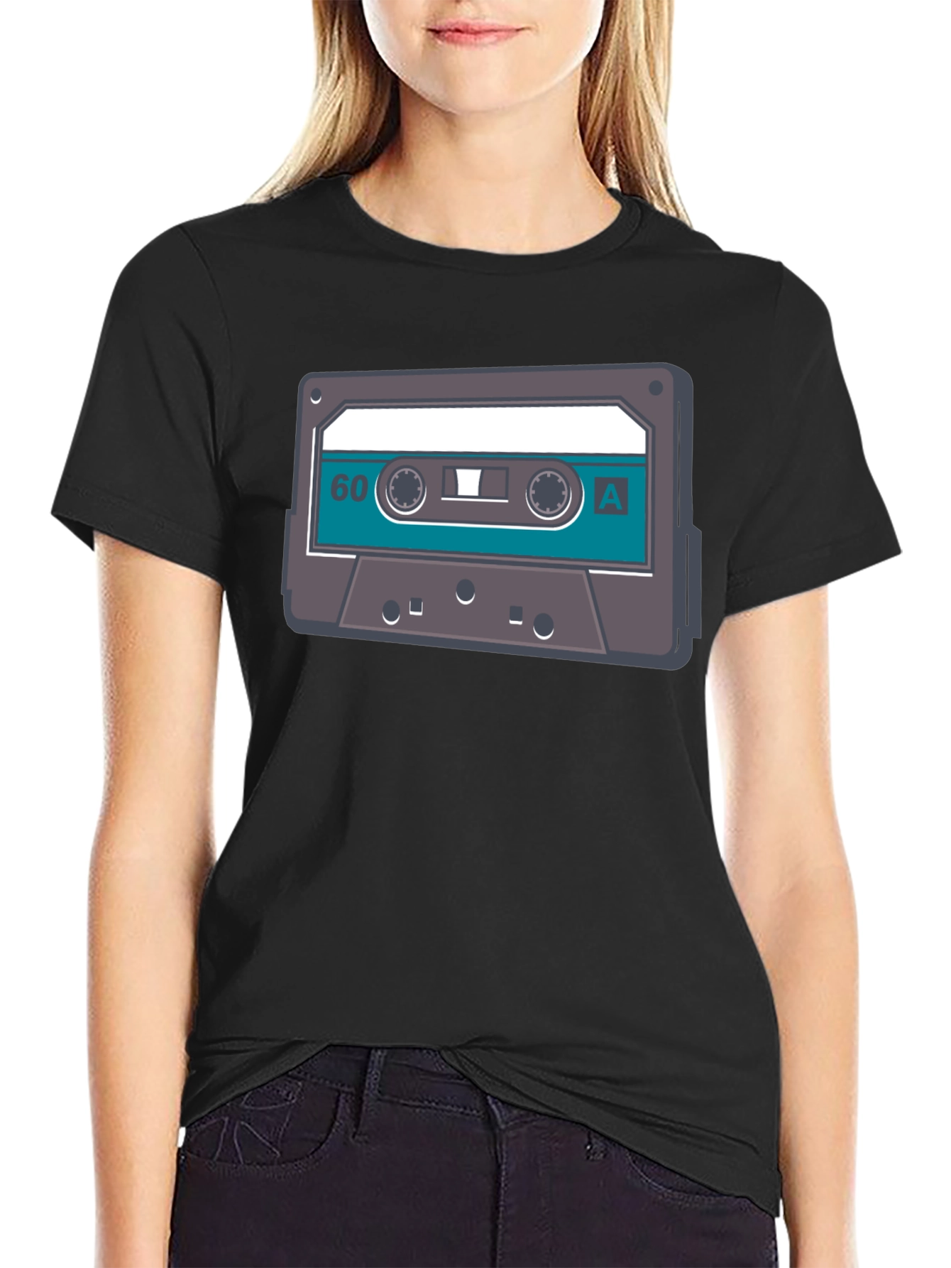 Black Retro Cassette Tape Graphic Tee - Black Cotton T-Shirt view 2