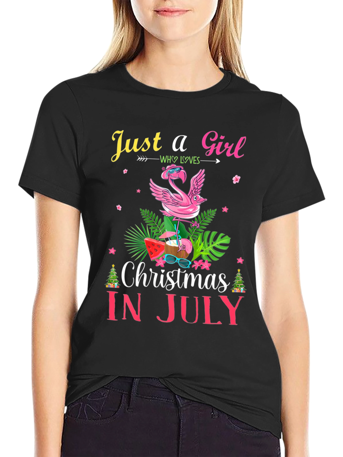 Black Christmas in July Flamingo T-Shirt view 2