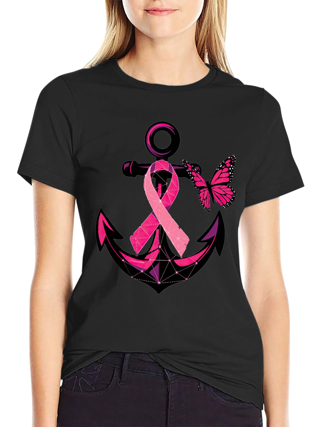Black Breast Cancer Anchor Butterfly T-Shirt view 2