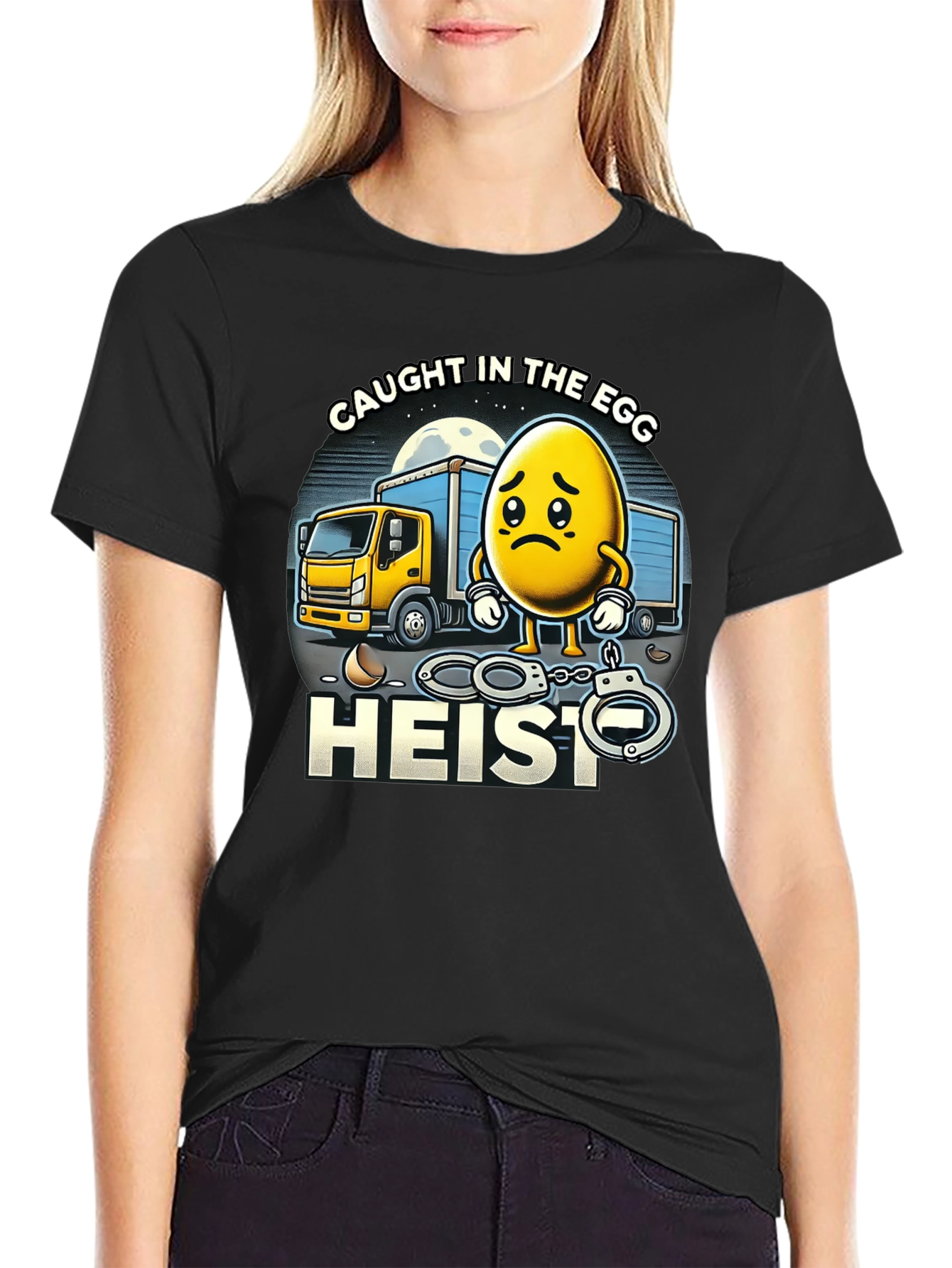 Black Caught in the Egg Heist T-Shirt - Funny Cartoon Tee view 2