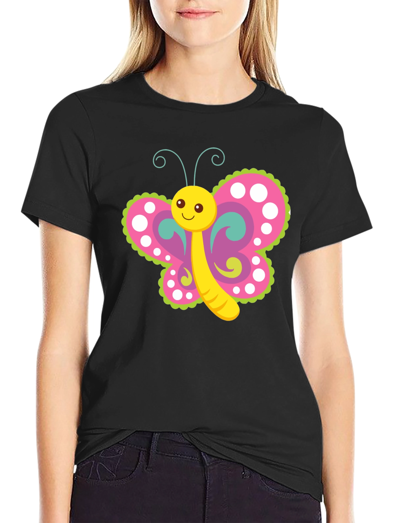 Black Cute Butterfly Graphic T-Shirt - Black view 2