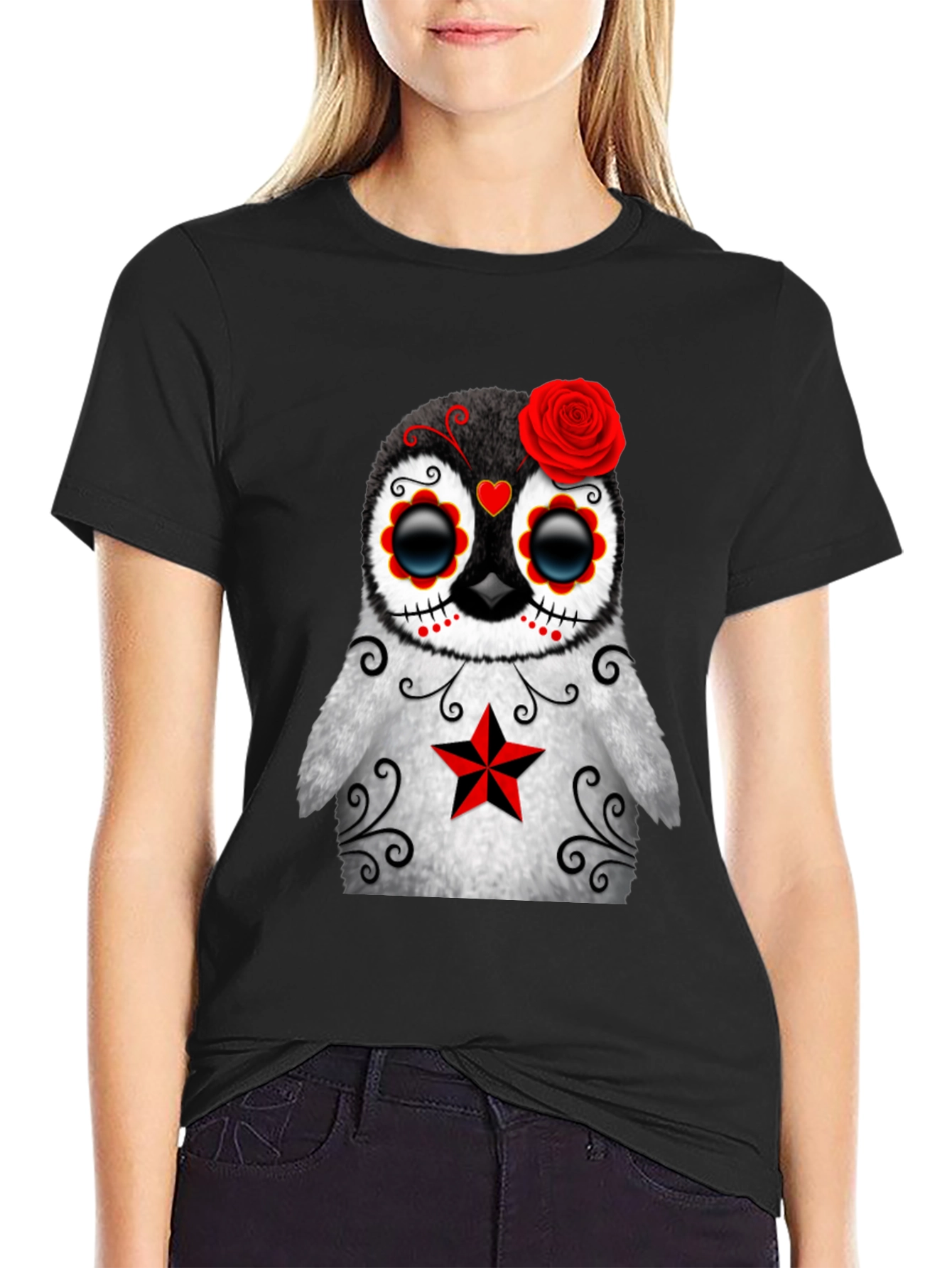Black Sugar Skull Penguin T-Shirt - Day of the Dead view 2