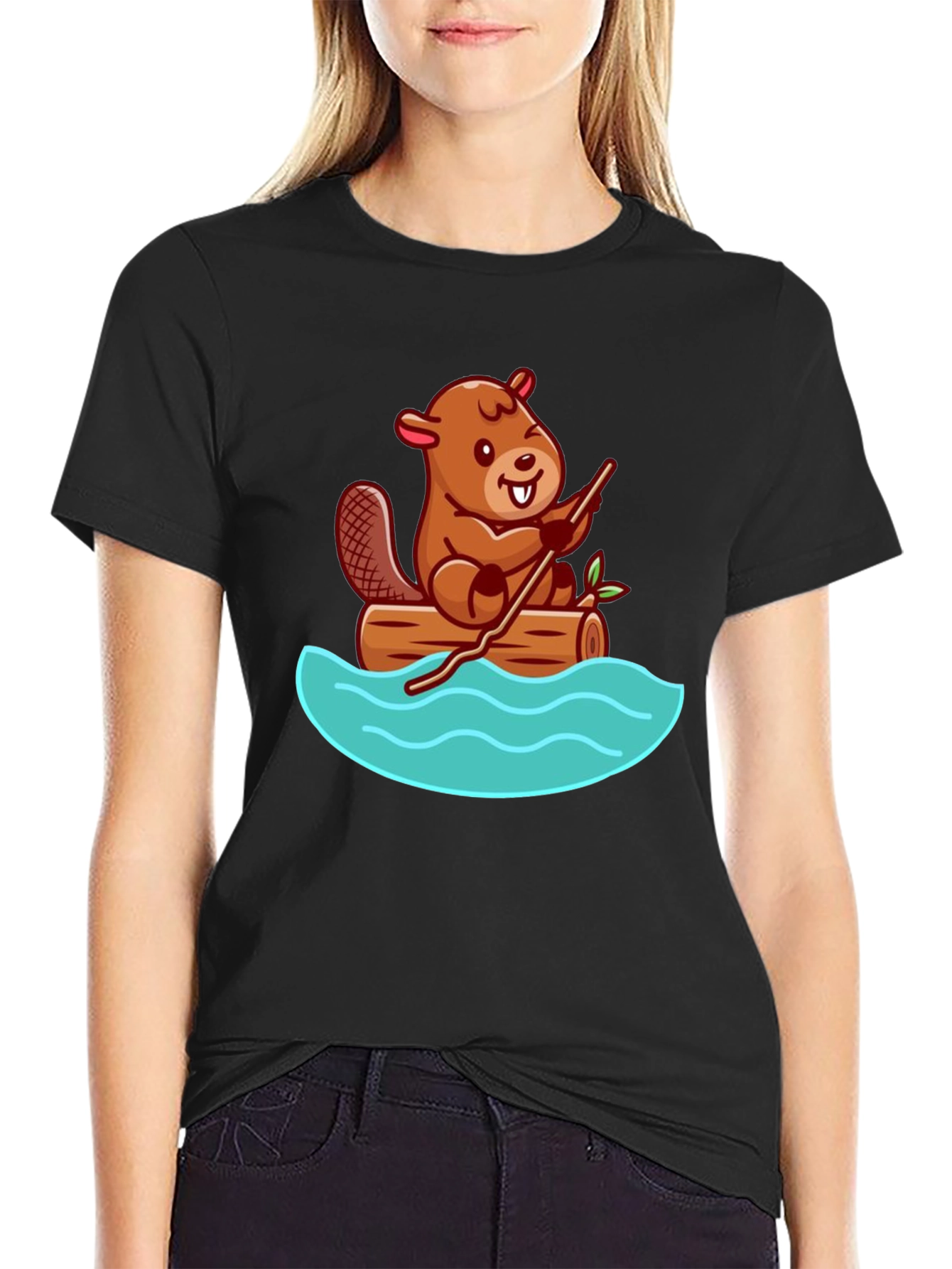 Black Beaver on Log Cartoon T-Shirt - Unisex Crew Neck view 2