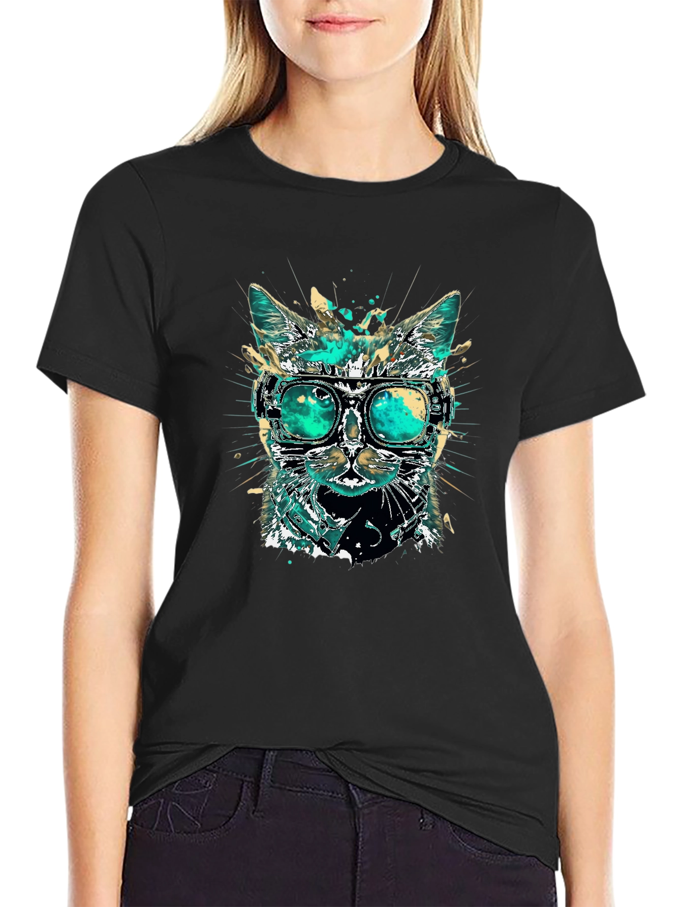 Black Cool Cat T-Shirt with Goggles view 2