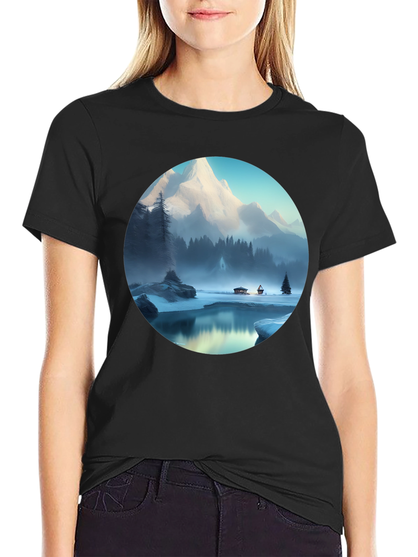Black Mountain Lake Graphic Tee - Black Cotton Blend T-Shirt view 2