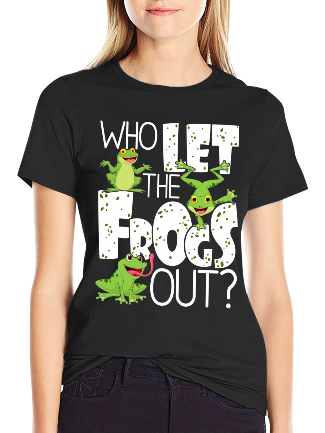 Black Who Let the Frogs Out? T-Shirt view 2